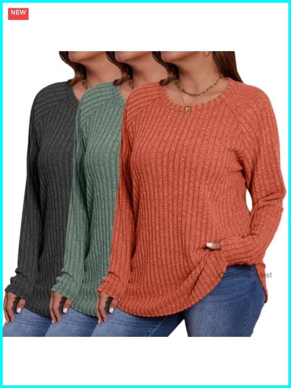 Plus Size Tunic Tops 3 Pack Long Sleeve Thermal Sweaters Curved Hem